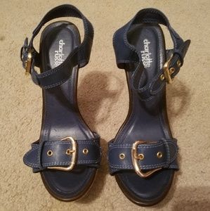 Navy Blue Wedge Platform T-Strap Leather Sandals